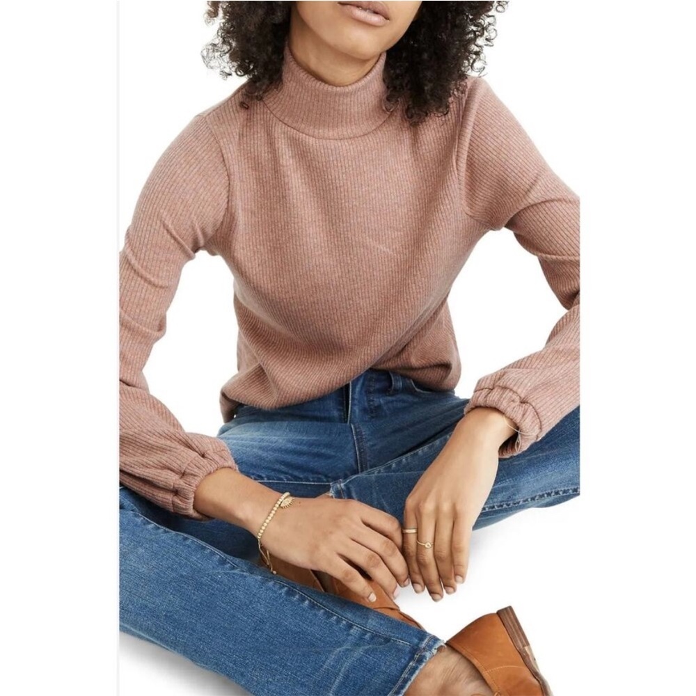 Madewell Heathered Ribbed Turtleneck Balloon Sleeve Sweater Tee Size Small Pink - Picture 2 of 9